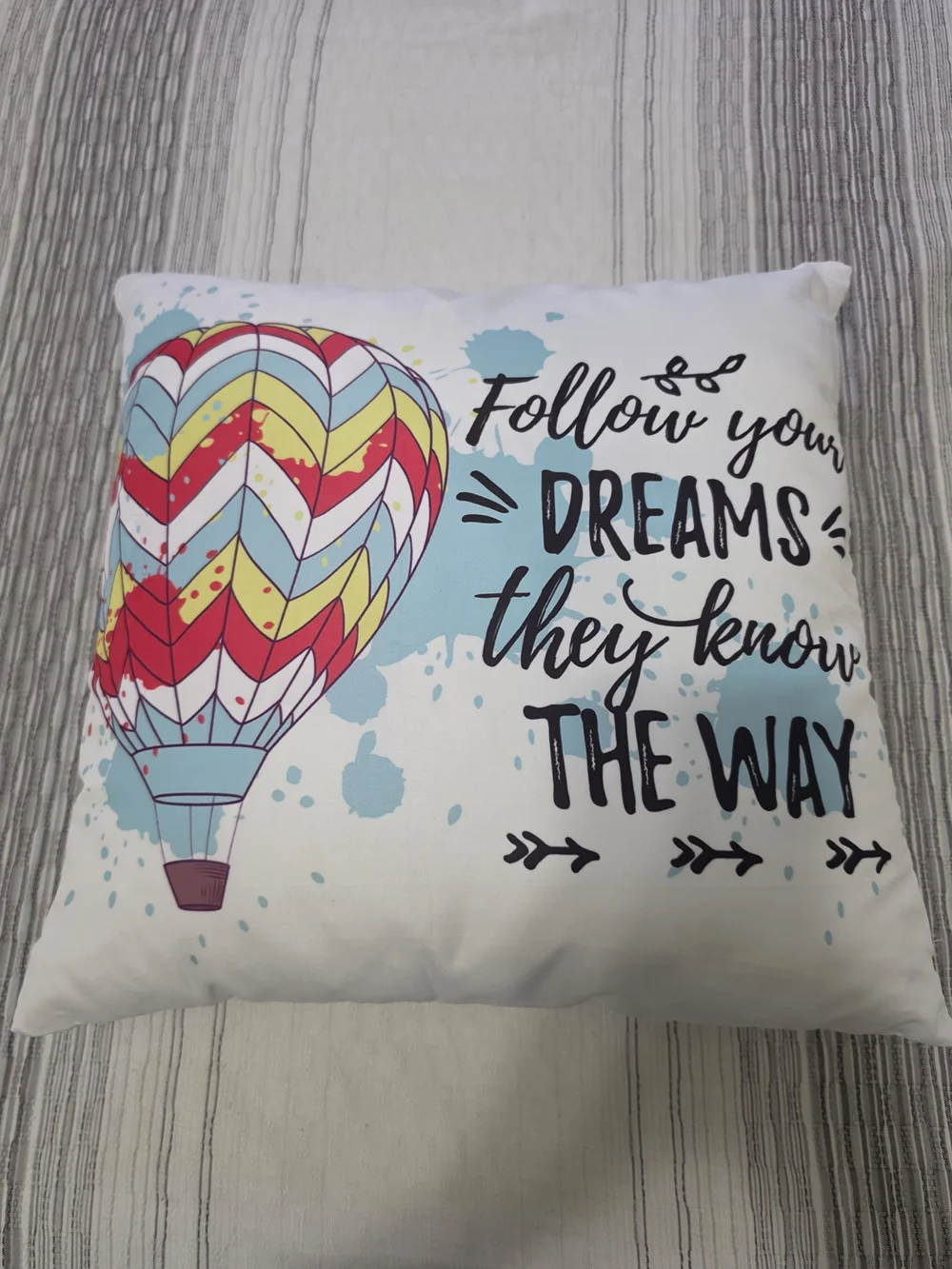 White Throw Pillow with Multicolor Hot Air Balloon Like New